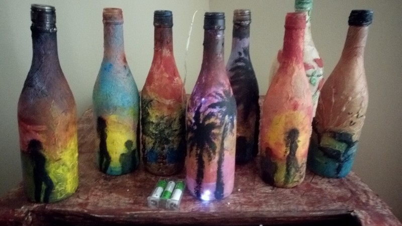 Girls and Lovers in the Sunset Palms Beach Wine Bottle Art Handpainted