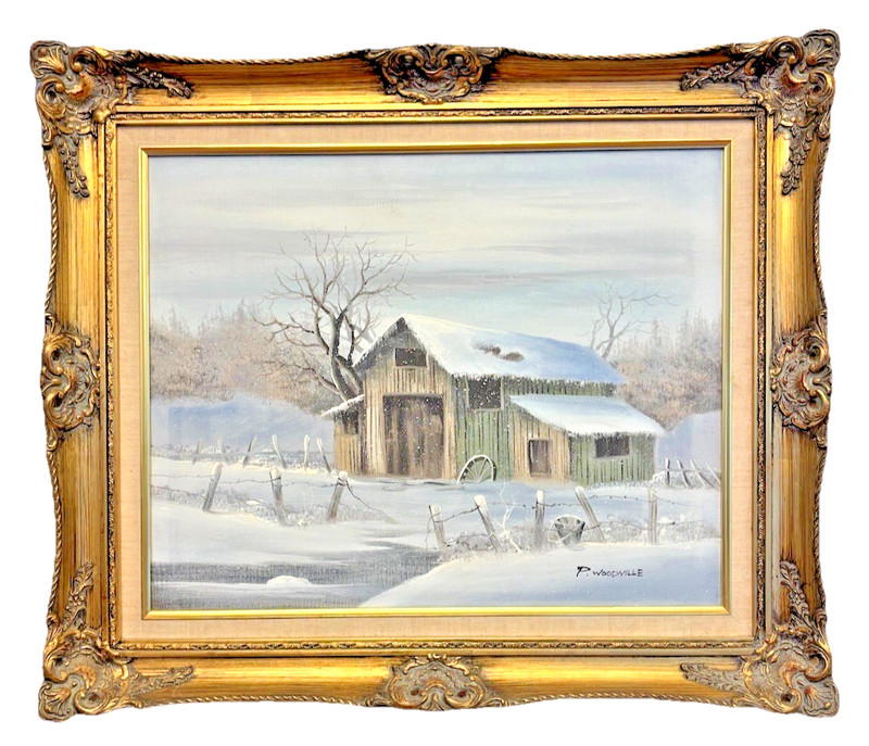 Vintage Signed P Woodville Winter Barn Oil Painting Ornate Gold Frame