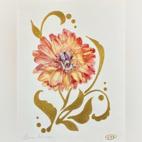Bumblebee Original Watercolor Painting bee Dahlia Flower Art Gold accent floral