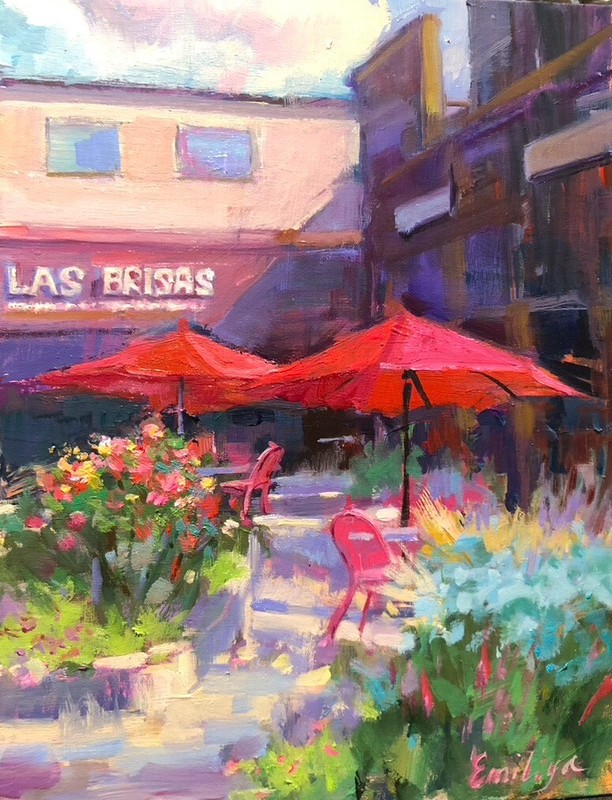 Morning Cafe Painting, Cityscape, Red Umbrellas, impressionist oil painting