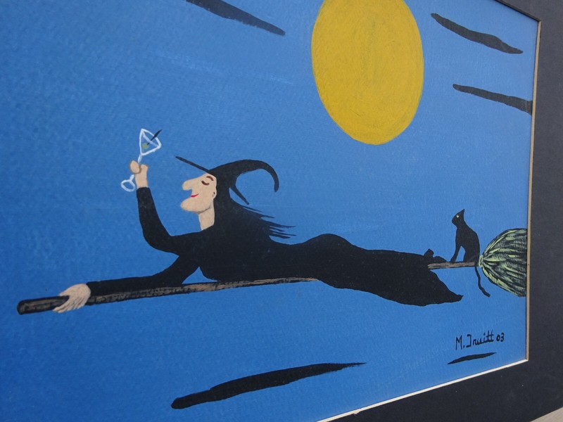 M Truitt 03 Halloween Acrylic Painting "One For The Road" Flying Witch w Martini gallery