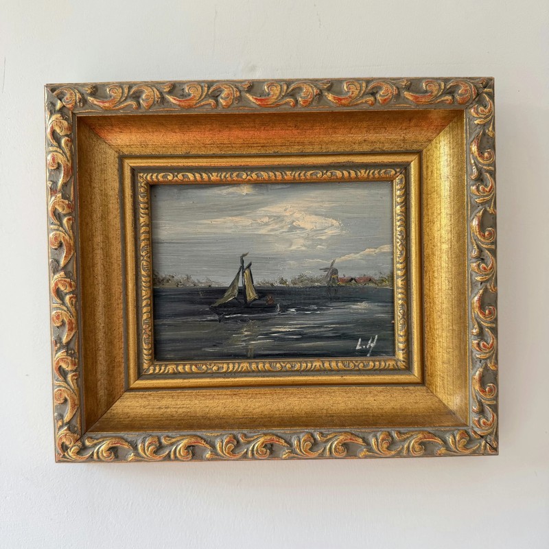 Timeless Seascape Oil Painting «Gilded Frame» Vintage Small Art