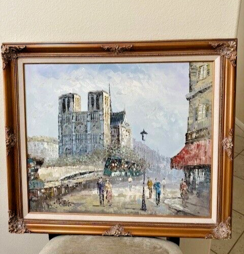 Artist C. Burnett Oil Painting Paris Notre Dame Street Scene Framed
