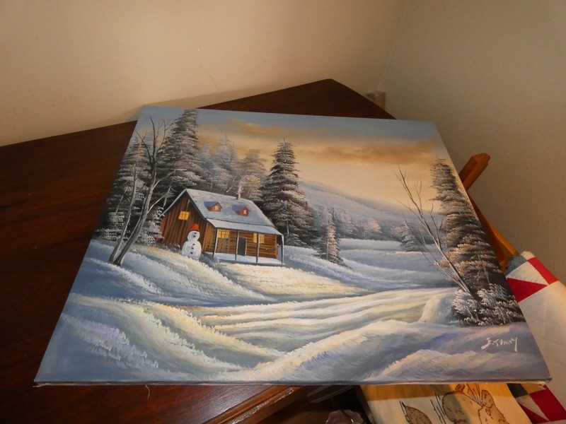 Snowman by Winter Mountain Cabin Original Oil Painting Artist Signed 20 x 24″
