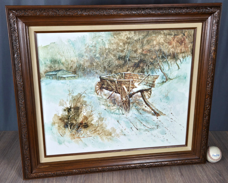 Jim Sloan original winter landscape oil painting on canvas, wagon, farm/barn gallery
