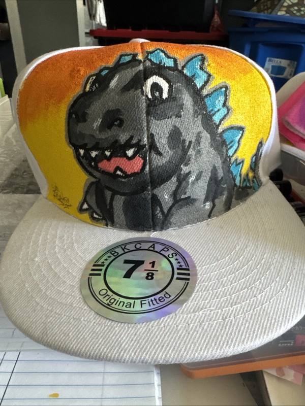 White Fitted 7 1/8 Hand Painted Graffiti Art Hat Hip Hop Shortiez Ink Godzilla