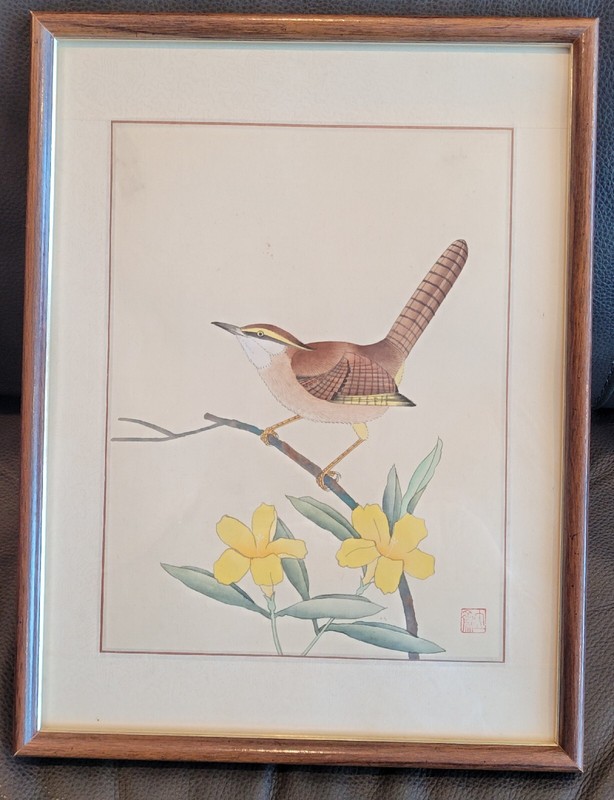 Atq Vintage Oriental Art, Asian Watercolor Painting on Silk, Wren Bird & Flowers