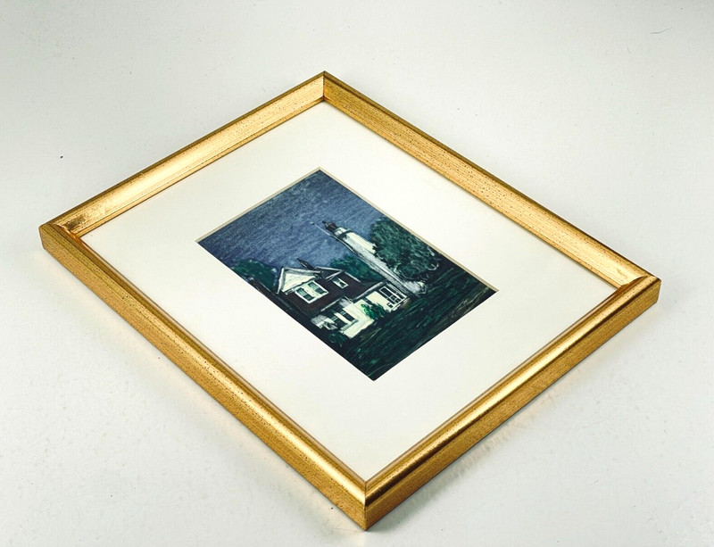 Vintage Original Embellished Painting Lithograph Nautical Lighthouse Framed