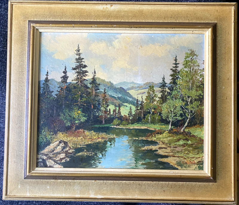 ::A. MICHEL OIL PAINTING FIR FOREST BY RIVER MOUNTAIN LANDSCAPE SUMMER DAY
