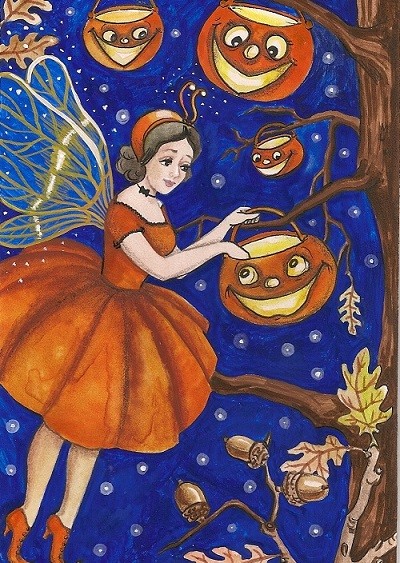 5X7 PRINT OF PAINTING HALLOWEEN FAIRY FOLK ART RYTA JOL OAK VINTAGE STYLE Gothic