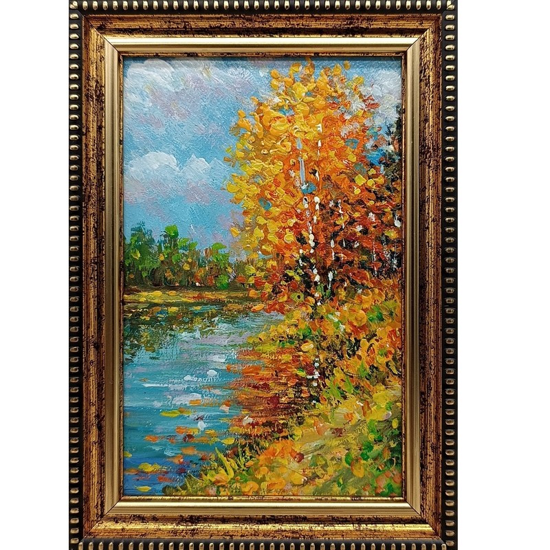 Autumn Landscape Oil Painting Gift Birch Trees River Signed 6×4 Framed