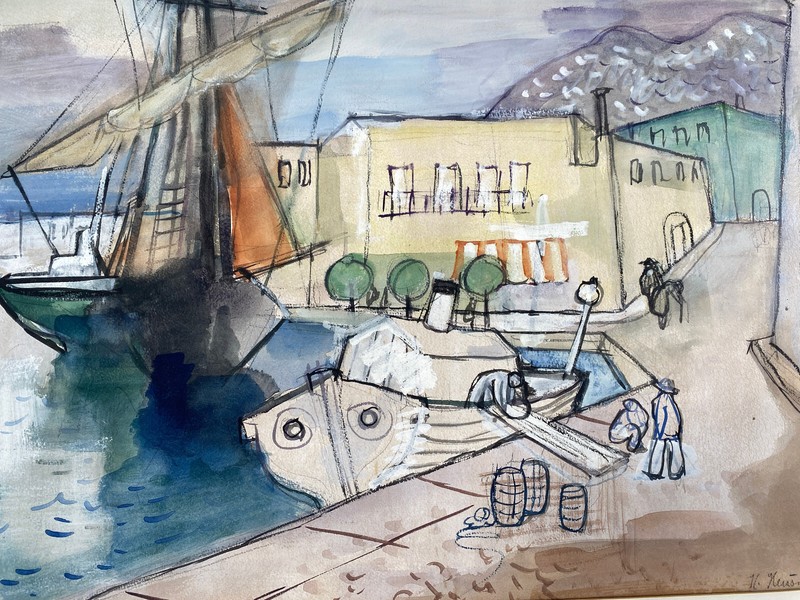 * STUDY DESIGN WATERCOLOUR HEINRICH HEUSER 1887-1967 PORT OF ISCHIAS CAPRI ITA gallery