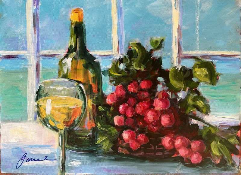 12×16 Original Painting Of Wine Bottle And Grapes On Unstretched Canvas Signed