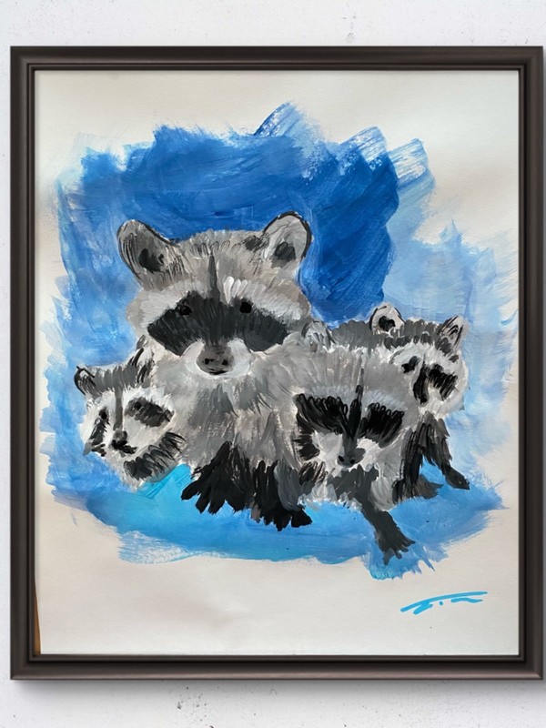 Raccoons Blue Gray Abstract Expressionist Acrylic Original Art 14×11 Paper