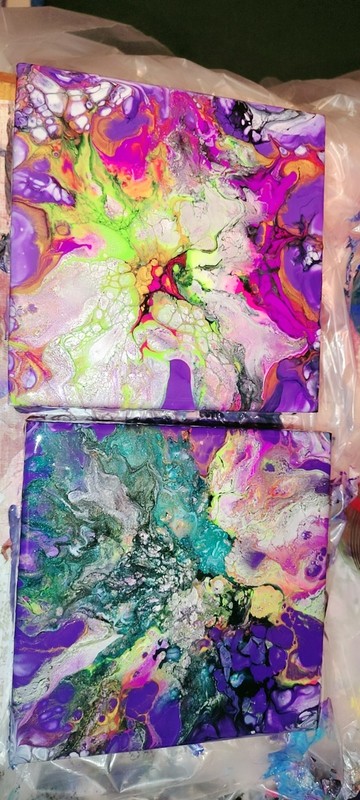 Abstract Acrylic Fluid Pour Painting Set Original Art Purple Green Pink Canvas