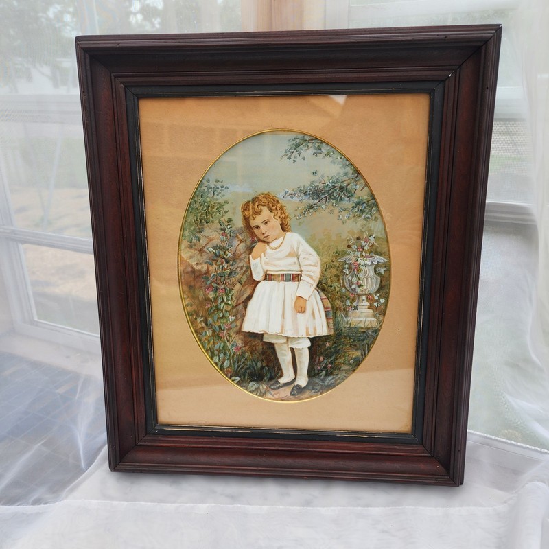 19th Century Watercolor Painting Original Frame Child Garden Portrait Floral