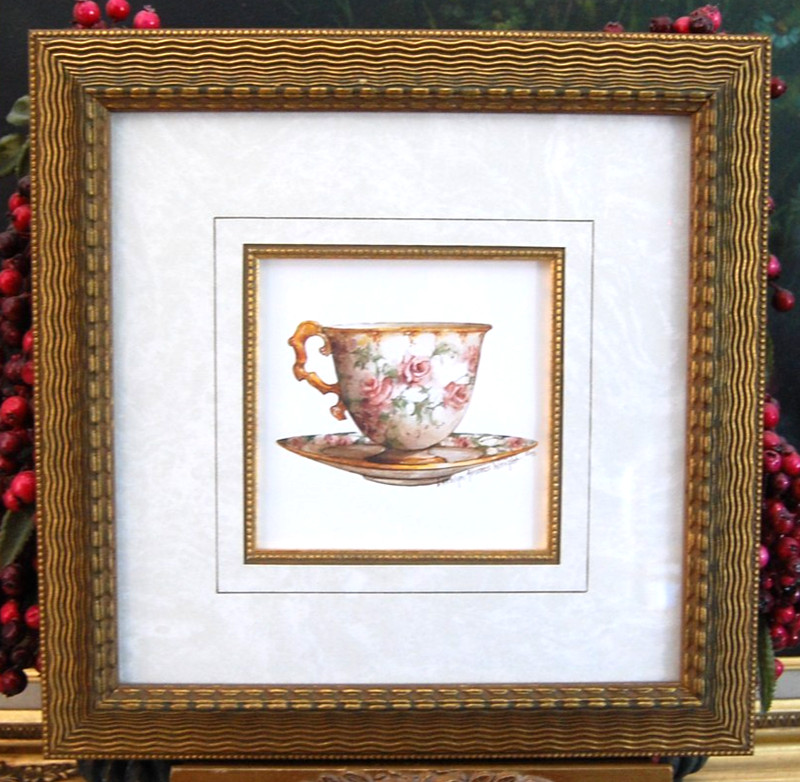 VTG FANCY FRAMED & MATTED CAROLYN SHORES WRIGHT FLOWER TEACUP COLOR ART PRINT #2