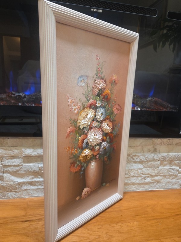 K. Stone framed Vintage floral Art Oil Painting on Canvas 14×26 gallery