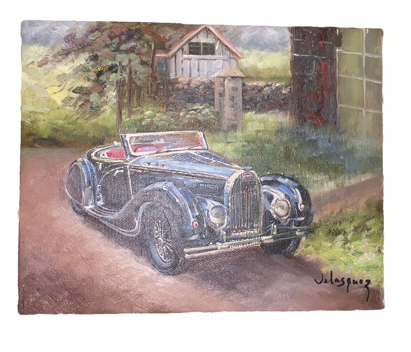 VTG Original Signed Velasquez Bugatti Type 57C Cabriolet Car 8”T 10”W Canvas gallery