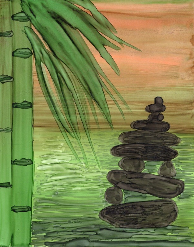 Alcohol Ink, Zen Rocks and Bamboo, Original Painting, 5.5×7 Signed By Artist