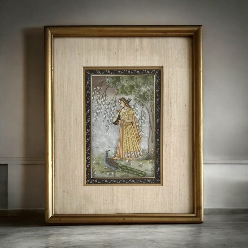 Framed Indian Gouache Painting on Marble – Peacock/Mandolin/Woman