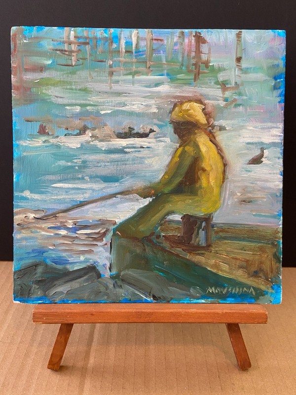 Original Landscape Plein Air Impressionist Fisherman Painting Marina Movshina