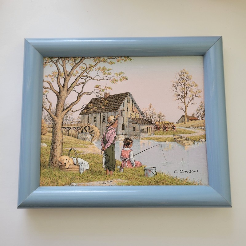 C. Carson Signed Canvas Print Painting Art Framed 9.5″x12″ Children Fishing
