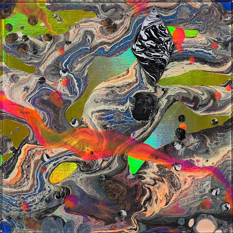Golden Escape – Resin, Neon Oil and Acrylic, and Metallic Pigment on 10x10in