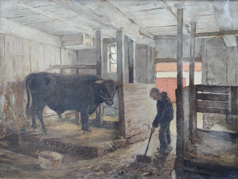 Robert Rasmussen (1893-1933): BARN CLEANING, original oil paintinng, dated 1915 gallery