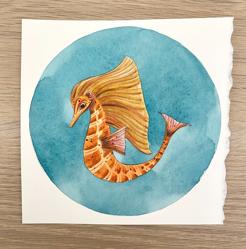 Original watercolor painting Golden Sea Horse 6″ x 6″ Signed
