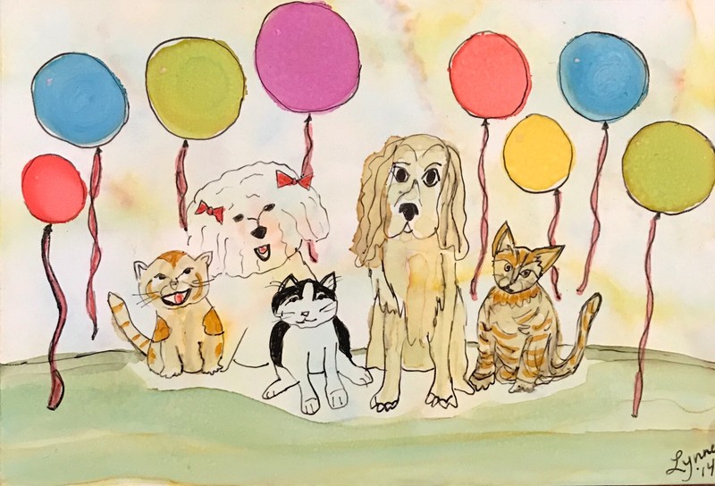 Original Painting 4×6″ dogs cats animals balloons by Lynne Kohler
