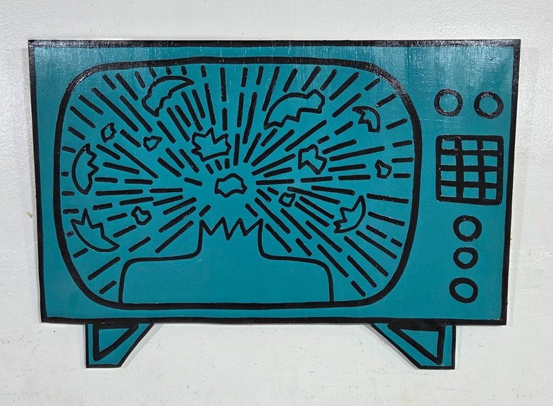 KEITH HARING ACRYLIC ON PLYWOOD DATED 1982 AMERICAN PAINTER IN GOOD CONDITION