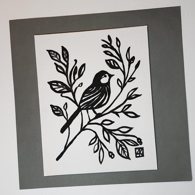 Original Monochromatic 8×10 Painting Bird on Branch BW Expressionist – AMBER K