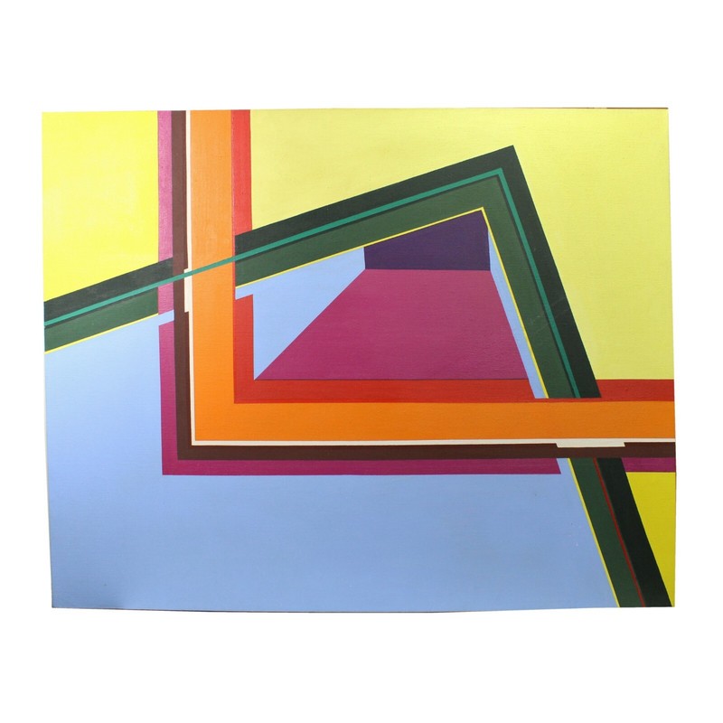 Vintage Large Mid-Century Modern Colorful Hard Edge Acrylic Painting