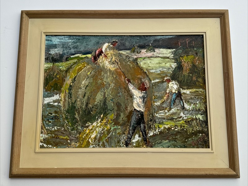 MID CENTURY FARMING PAINTING IMPRESSIONIST LANDSCAPE FARM WORKERS HAY STACKS