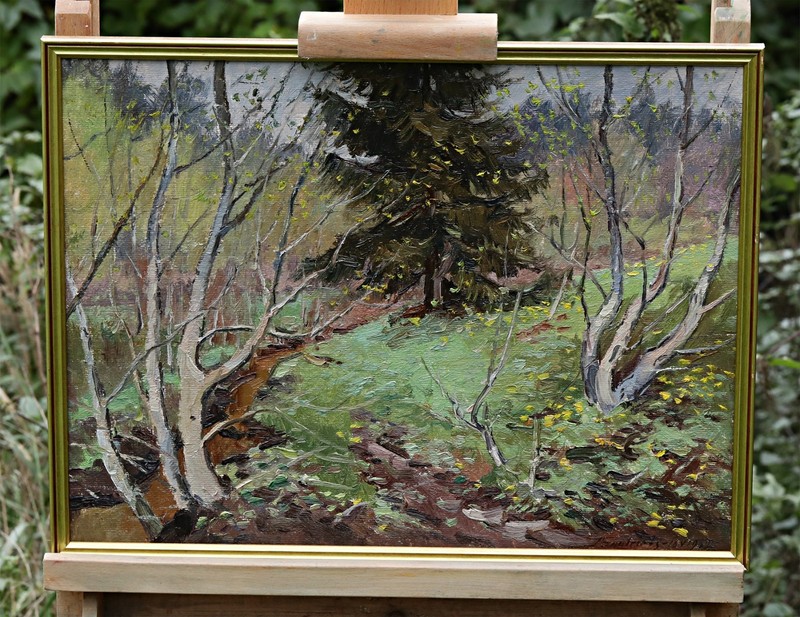 Oil On Cardboard Painting, Signed, Janis Saulriets, Woodland Landscape, Framed
