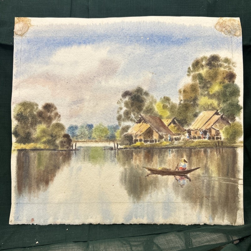 Lar Ban Original Signed Watercolor Painting River Scene Burma Fishing Village