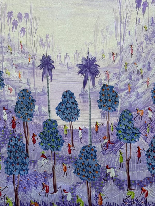 J.A. PIERRE SIGNED HAITIAN CARIBBEAN OIL PAINTING FIELD WORKERS LABORERS ON HILL gallery