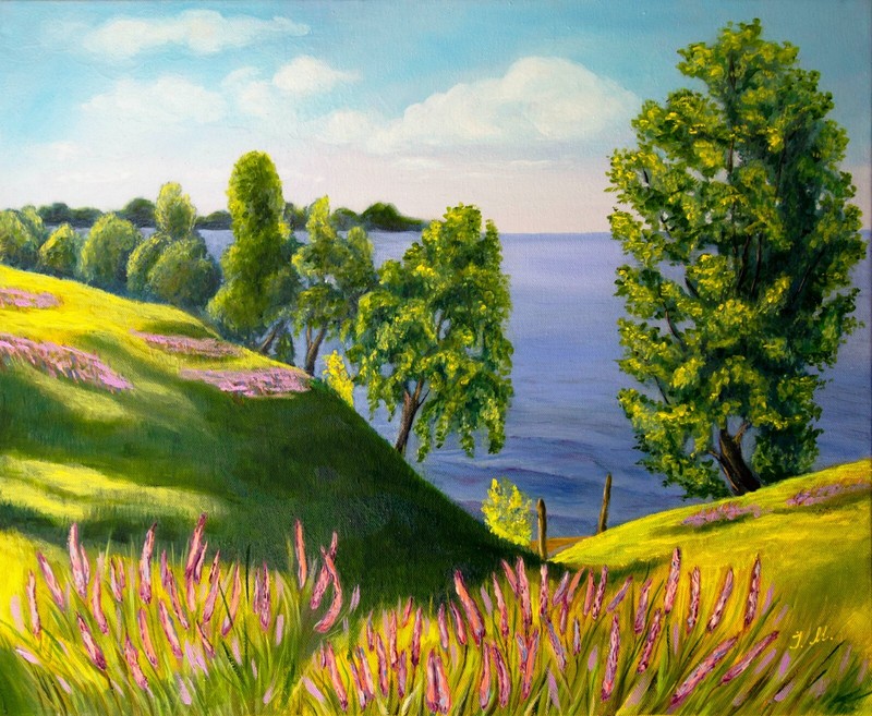 River Landscape Oil Painting Riverside Original Art On Canvas Thees By Water