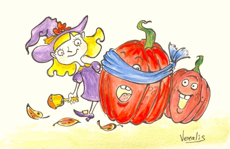 Postcard Watercolor Painting Aquarelle Art «Hide -and -Seek game. Hallowen»