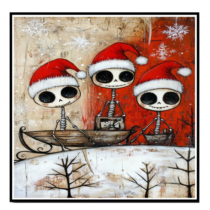 Skeleton Trio Sleigh Ride Christmas Decor Flat Rolled, Framed Or Wrapped Canvas gallery