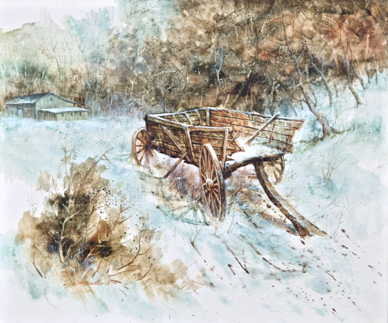 Jim Sloan original winter landscape oil painting on canvas, wagon, farm/barn