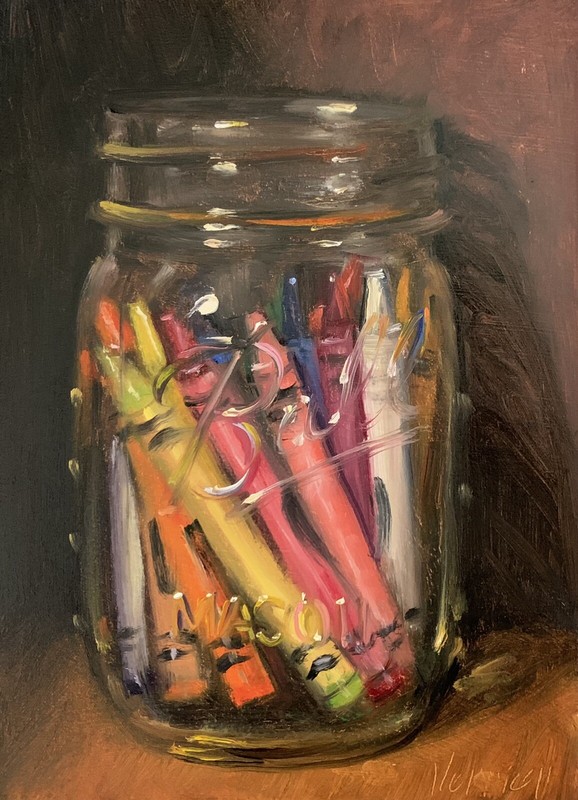 “Jar of Crayons no3” NOAH VERRIER Still life oil painting, Signed art print