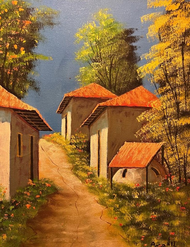 Vintage Artist Signed Rural Path Homes Landscape Path Trees Art Oil Painting
