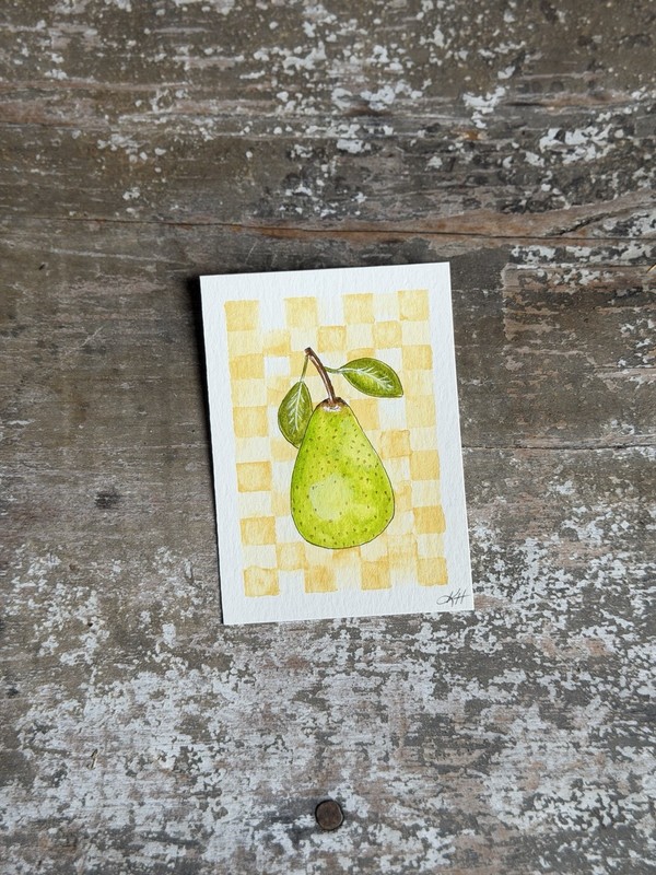 ACEO Original Green Pear Fall Fruit Watercolor 2.5×3.5” by Magdalina Studio