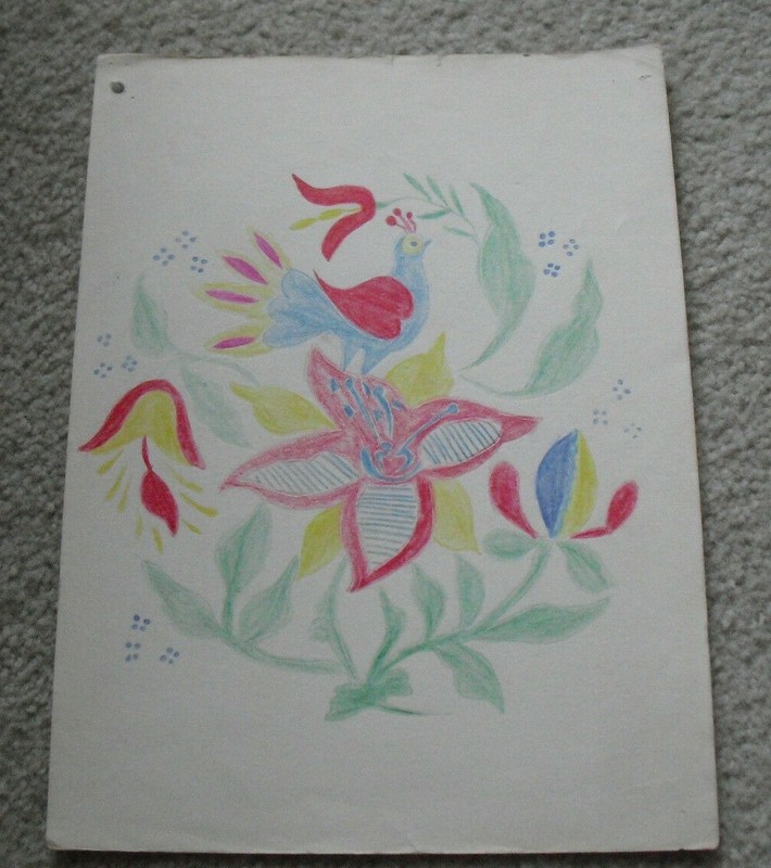 Original Vintage Colored Pencils Pennsylvania Dutch Bird on Flower Drawing