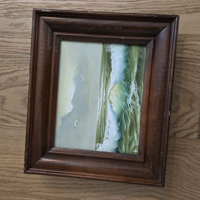 Vintage mid-century seascape oil painting, signed by artist Waves Seagulls 13in gallery