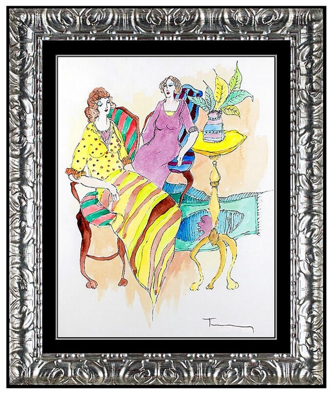 Itzchak Tarkay Original Watercolor Painting Hand Signed Authentic Cafe Women Art