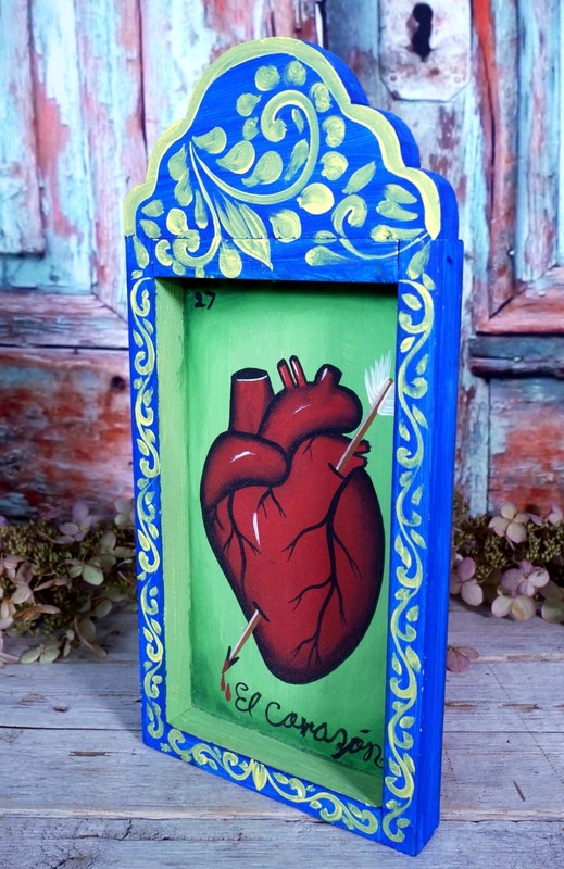 Heart Loteria Painting on Wood Retablo Handmade Hand Painted Mexican Folk Art gallery