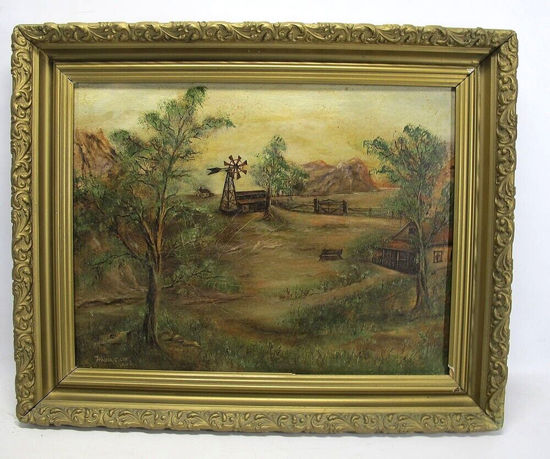 Antique American Walter Long 1940 Western Farm Landscape Oil Painting #18.